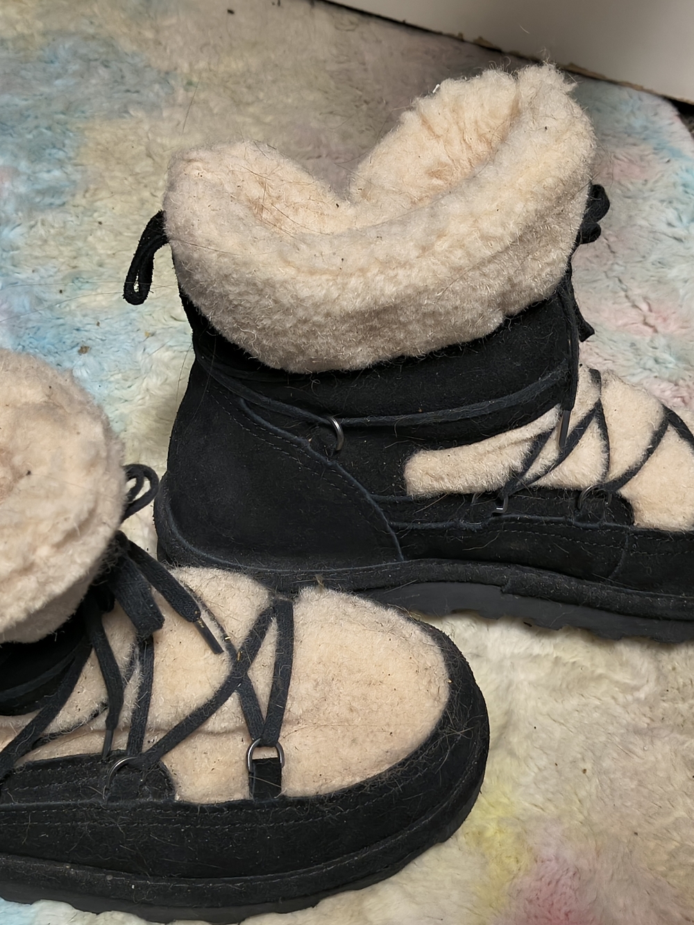 BearPaw Black and Cream Fleece-Lined Lace-Up Winter Boots